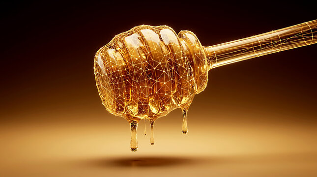 Digital Wireframe Wooden Honey Dipper with Glowing Golden Honey Dripping, Smart Agriculture and Food Technology Concept Background