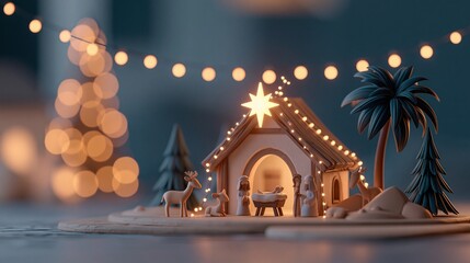 Obraz premium Cozy Miniature Nativity Scene with Warm Christmas Lights and Festive Decorations