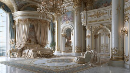 Fototapeta premium Luxurious palace bedroom interior with ornate gold detailing, grand chandeliers, and elegant draped canopy bed in bright white marble room