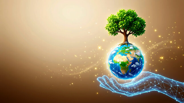 3D Digital Wireframe Hand Holding Earth Globe with Green Tree Growing on Top, Earth Day and Sustainable Technology Concept Background