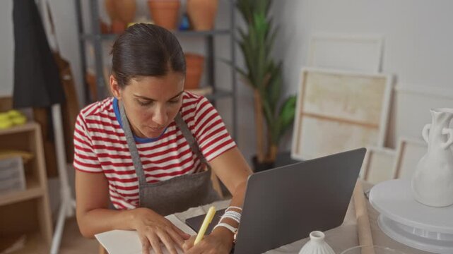 Woman sketching with pencil, hand on sketchbook at pottery studio table with laptop and vases; craft concentration.