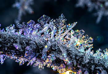 Obraz premium Macro shot of iridescent snowflakes reflecting rainbow light on branch