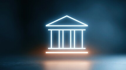 Fototapeta premium Glowing Neon Outline of a Classic Building Facade with Columns on a Dark, Reflective Surface