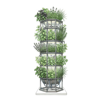 Vertical Farm Tower With Herbs For Urban Agriculture Websites And Sustainable Gardening Education