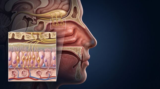 Detailed 3D medical illustration of human olfactory system and nasal cavity cross section showing olfactory bulb and receptor neurons
