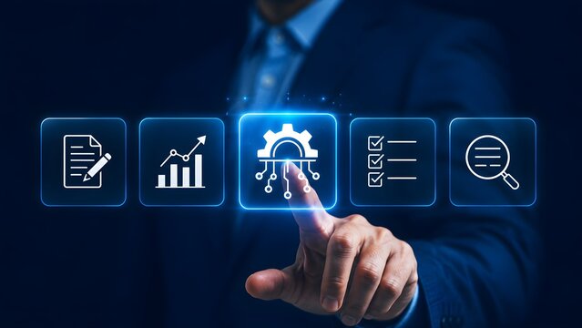 Business professional selecting biometric security icon. Digital identity verification for corporate cybersecurity and access control.
