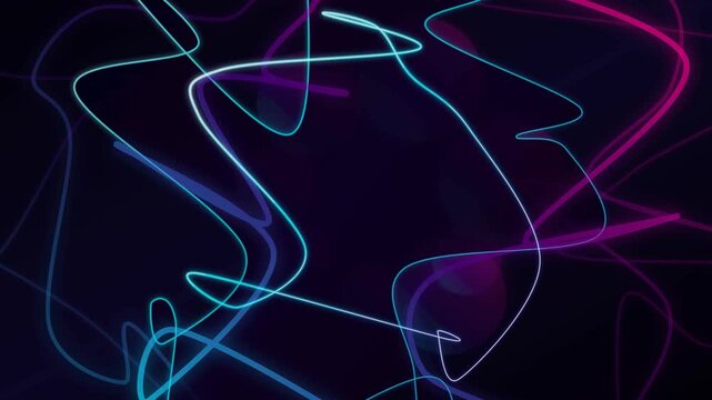 Cosmic indigo and cyan neon lines flow smoothly across a dark abstract background loop.