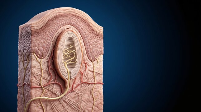 Detailed 3D medical illustration of human skin cross section showing Pacinian corpuscle touch receptor, nerve endings and blood vessels