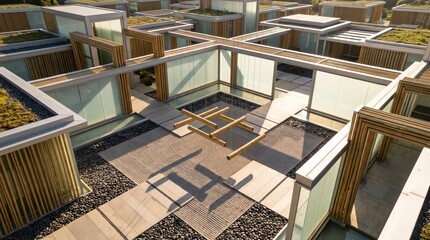 Fototapeta premium Aerial View of Modern Architectural Complex with Sustainable Green Roofs and Zen Courtyard.