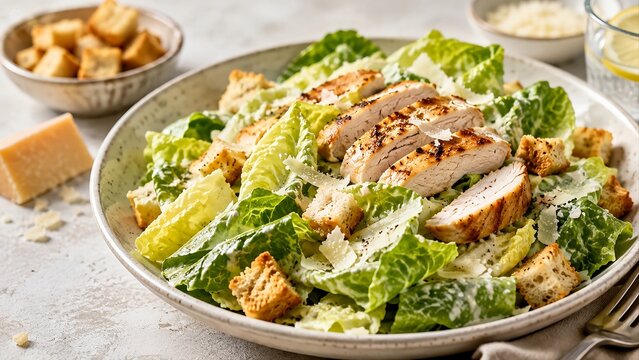Classic Caesar Salad with Grilled Chicken, Romaine Lettuce, Parmesan Cheese and Croutons 
