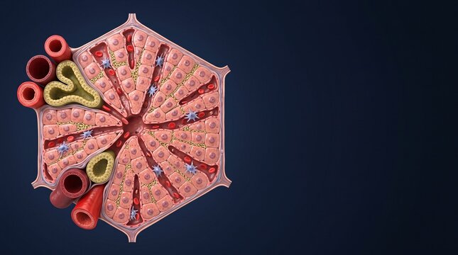 Detailed 3D medical illustration of liver lobule cross section showing hepatocytes, portal triad, bile duct and sinusoidal blood vessels