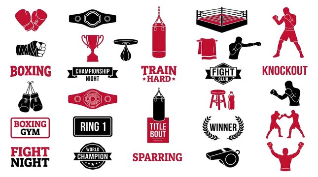  Boxing and fighting gym graphic set featuring gloves, championship belt, punching bag, boxing ring, fighter silhouettes, knockout text, fight night labels, sparring graphics, trophies, and combat spo