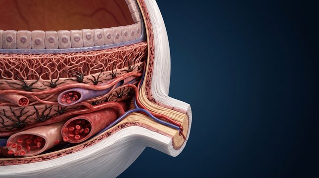 Detailed 3D medical illustration of eye choroid and retina blood vessel network showing capillary layers, pigmented epithelium and sclera