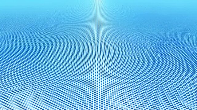 Birds eye view of vast cyan tile grid with glowing central band, subtle surface undulations, strict geometric order, reflective highlights, and futuristic abstract design