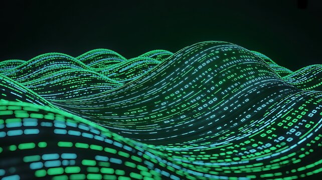 Waves of computer code. Binary code big data. 