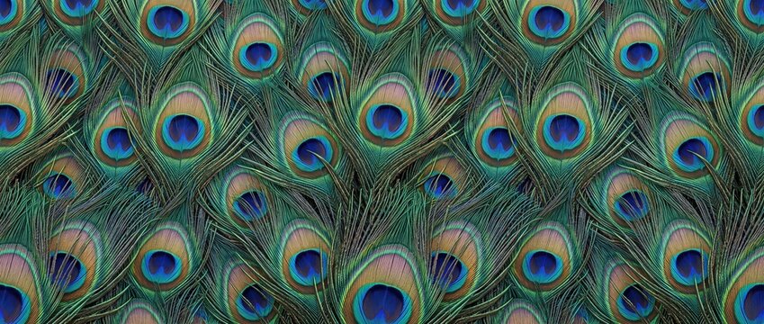 Exquisite peacock feather pattern close-up highlighting natural iridescent texture and vibrant colors, ideal for fashion textile design, luxury wallpaper prints, and exotic decorative art backgrounds.