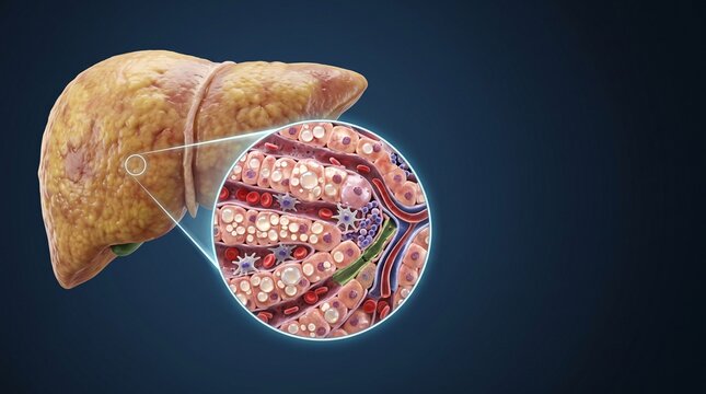 Human liver organ cross section showing fatty liver disease cellular tissue