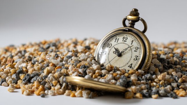 Vintage pocket watch resting on small pebbles isolated on white background symbolizing time passage nostalgia precision history and timeless elegance