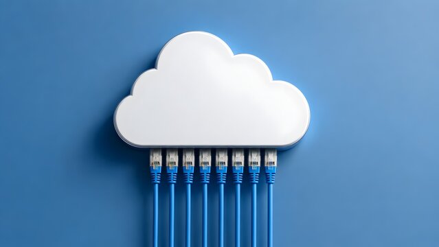 White cloud model plugged with blue ethernet cables against blue background. Concept of cloud computing network server hosting, local area network connectivity, and data storage.