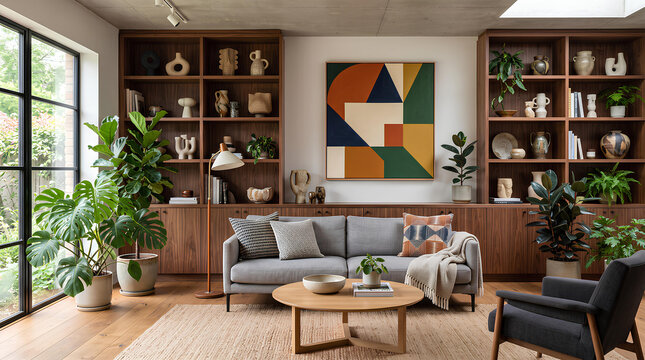 Modern luxury interior design with elegant home styling and premium furniture - Contemporary living room with walnut shelving, cer