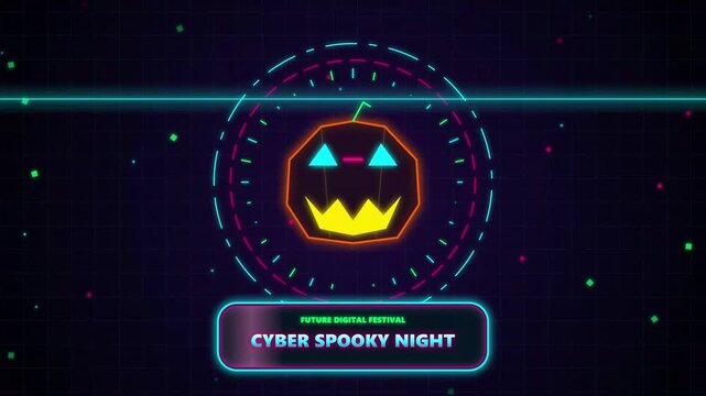 Futuristic cyber spooky night pumpkin with digital neon interface