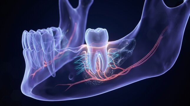 Transparent anatomical model of human lower jaw and molar tooth root nerve network
