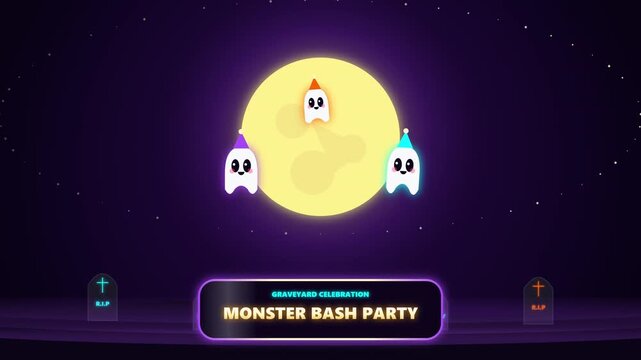 Cute ghosts with party hats dancing in front of full moon