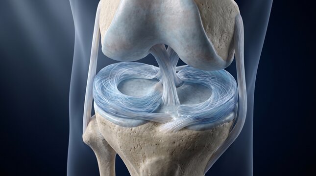Anatomical cross section of human knee joint showing meniscus, ligaments and cartilage