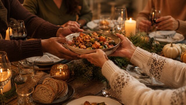 Diverse group of family and friend sharing roasted vegetable dish at festive autumn dinner. People passing bowl of food at home party.