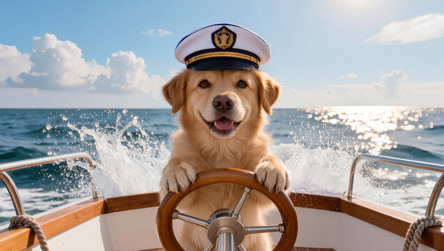 Cute golden retriever wearing a captain's hat steering a boat on the open sea, fun nautical concept of dog as captain on sunny day