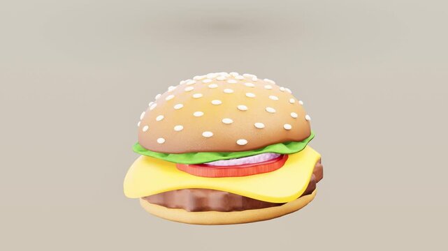 Cheeseburger on beige background with sesame bun melted cheese tomato lettuce and juicy grilled patty. 3d rendering