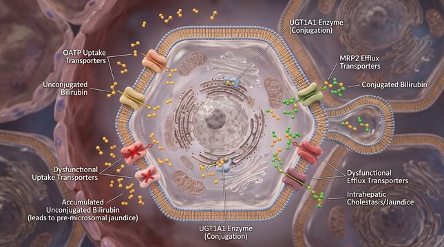 Cellular diagram of hepatocyte showing OATP uptake, UGT1A1 conjugation and MRP2 efflux transporters