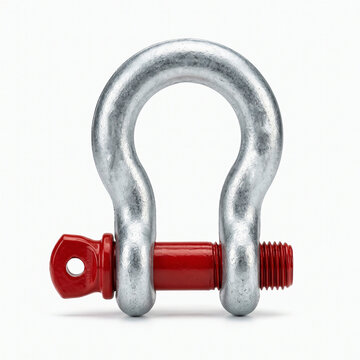 A robust metal shackle with a red pin, ready for heavy-duty use. 
