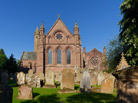 The East side of Brechin Cathedral chancel and choir with its upper carved round window with the North and South Transept additions.