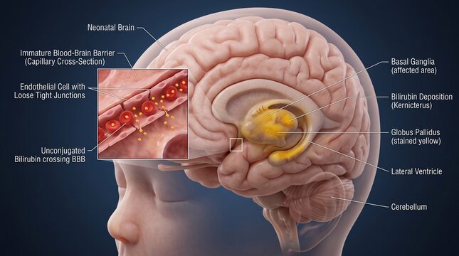 3D medical illustration of neonatal bilirubin crossing the immature blood brain barrier and depositing in the basal ganglia in kernicterus