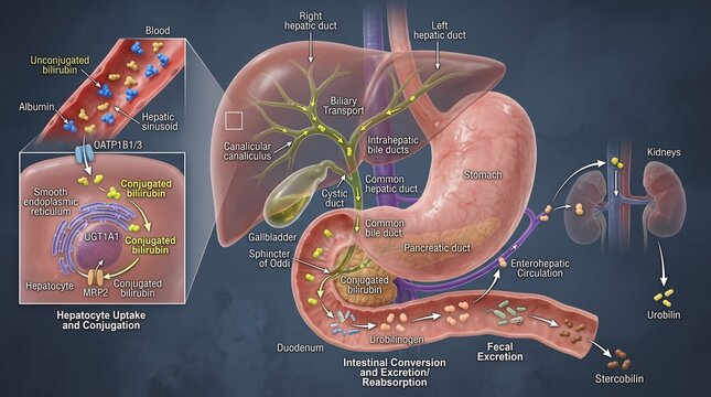 3D medical illustration of bilirubin metabolism through liver, gallbladder, bile ducts, intestine, kidneys and urobilinogen excretion