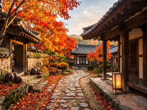 Autumn stone pathway through traditional Korean hanok village at sunset