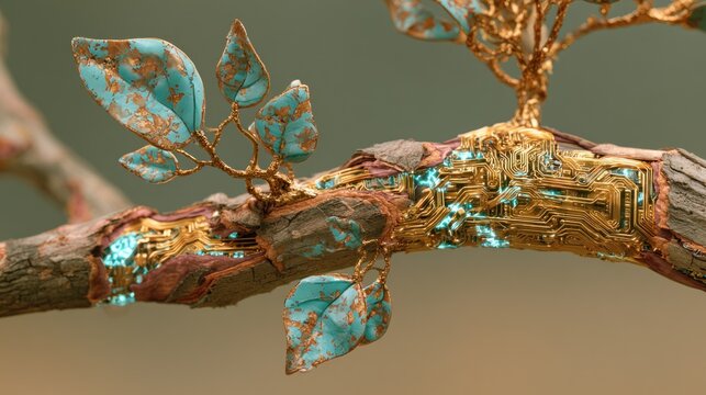 Futuristic tree branch fused with circuit board and turquoise leaves