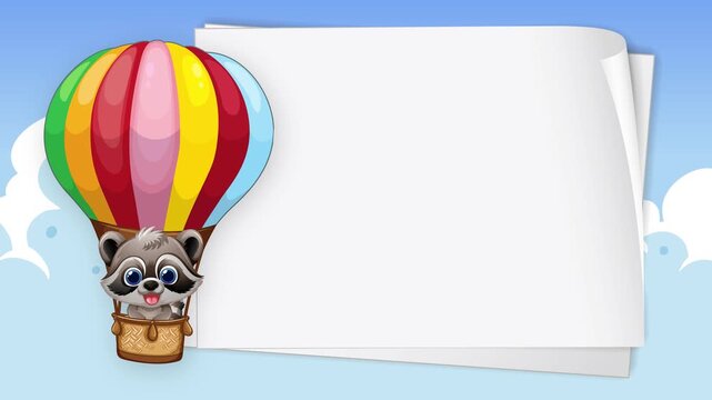 Cartoon Raccoon in Hot Air Balloon with Blank White Paper Background
