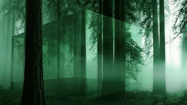 Abstract geometric structure in a misty green forest