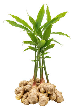 Fresh ginger root with green leaves growing from the organic rhizome plant for healthy food isolated on transparent background