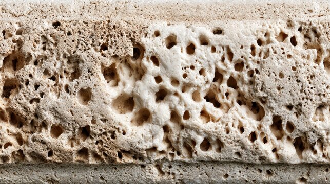 Close up macro shot of porous textured natural travertine stone surface