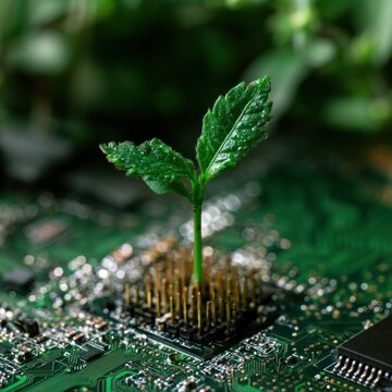 Green sprout growing from computer circuit board symbolizing tech sustainability and growth