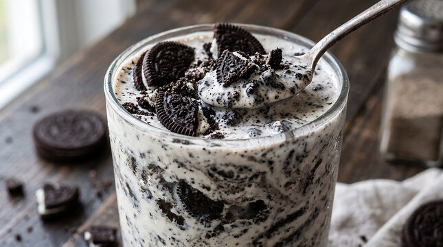 Creamy Cookies and Cream Shake Topped with Crushed Chocolate Sandwich Cookies in Glass Close-Up
