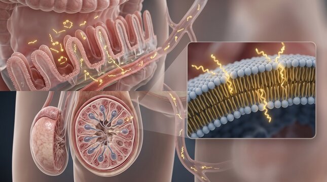 Intestinal villi and cell membrane showing nutrient absorption, molecular transport and micronutrient delivery into the bloodstream