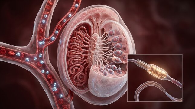 Detailed testis anatomy showing seminiferous tubules, blood vessels, sperm development and male reproductive fertility biology