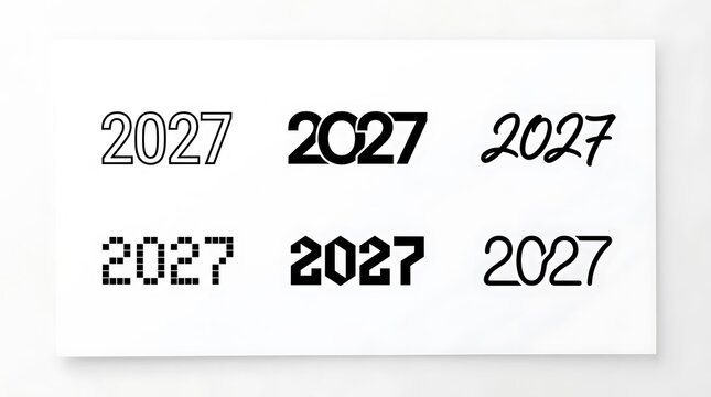 Set of six different 2027 year typography designs in black ink style
