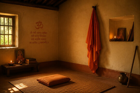 An Indian ashram room with an orange robe on the wall, lit by candlelight.