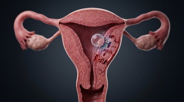 Female reproductive anatomy showing uterus, fallopian tubes, ovaries and embryo implantation concept for fertility and pregnancy