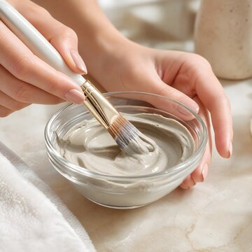 Close up of woman hands mixing organic bentonite clay facial mask in a glass bowl with a brush for natural skincare routine, wellness, self care, and beauty therapy at home